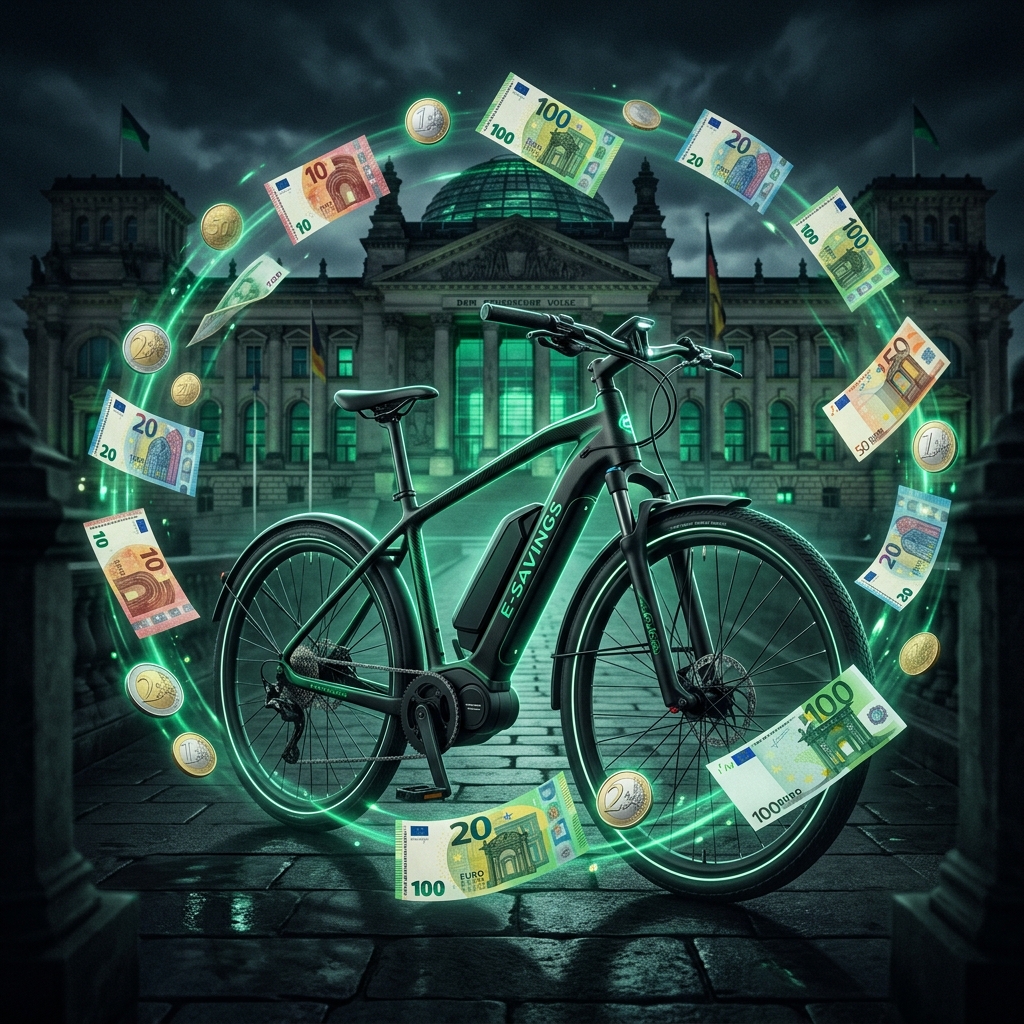 Vélo électrique entouré de billets en euros devant un bâtiment gouvernemental