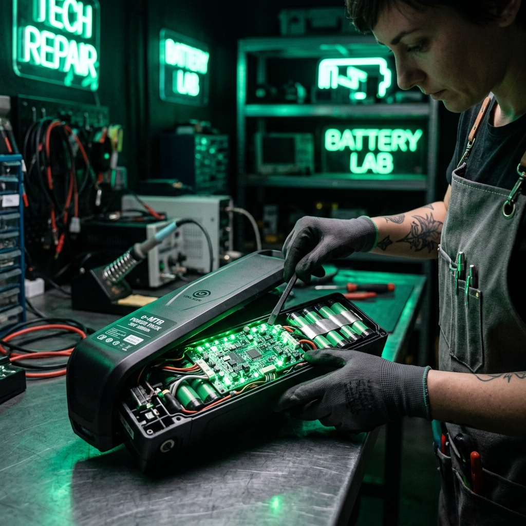 Technicienne ouvrant un pack batterie lithium-ion de vélo électrique dans un atelier spécialisé