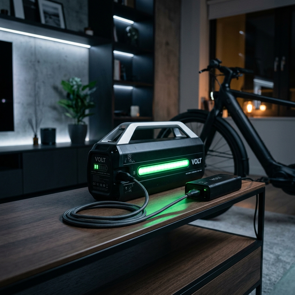Batterie lithium-ion de vélo électrique en cours de charge avec un indicateur LED vert dans un intérieur moderne