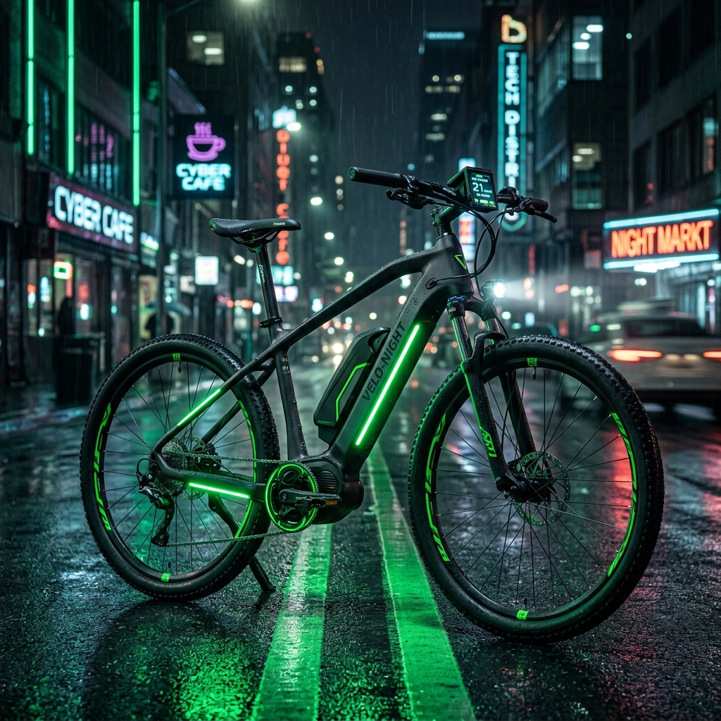 Vélo électrique moderne dans un environnement urbain nocturne avec des lumières néon vertes