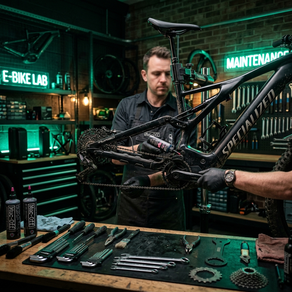 Technicien entretenant un vélo électrique dans un atelier moderne avec un éclairage vert néon