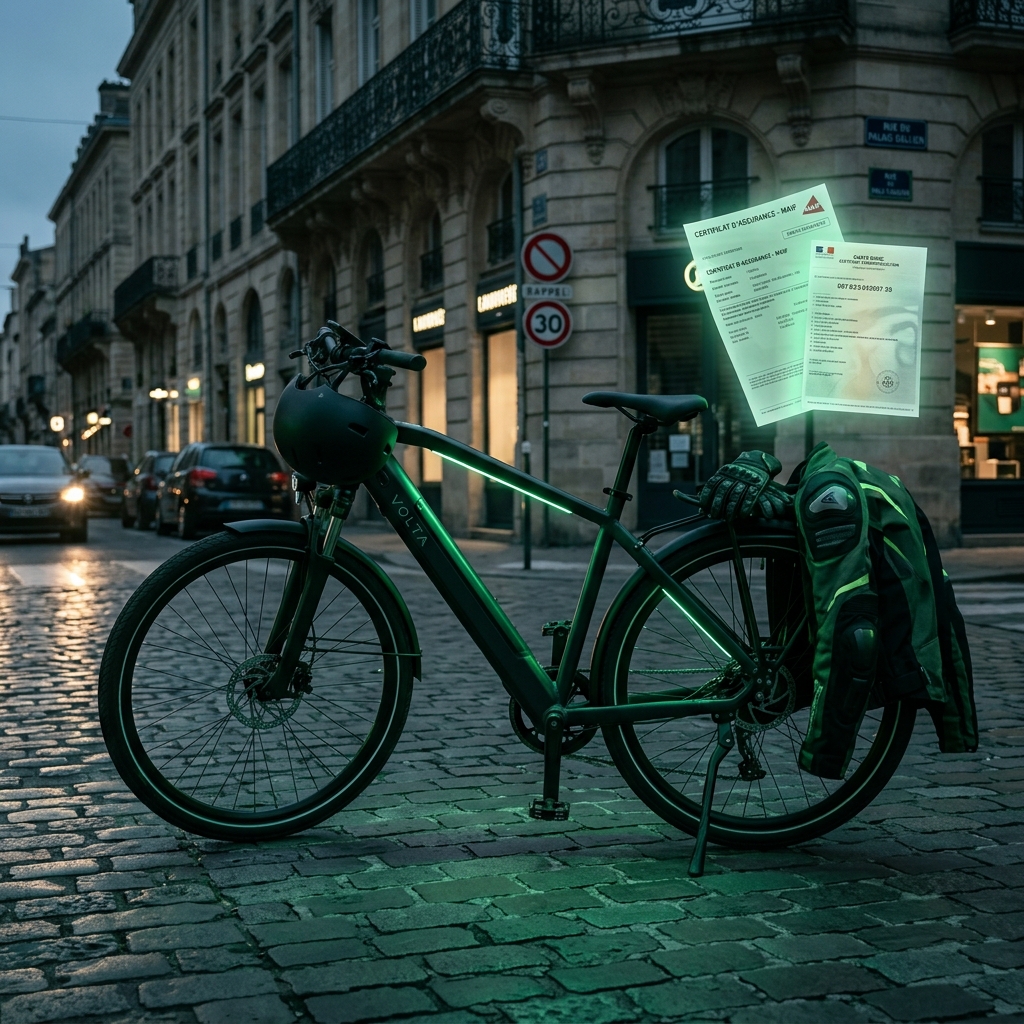 Vélo électrique avec casque et équipement de sécurité sur une rue pavée française